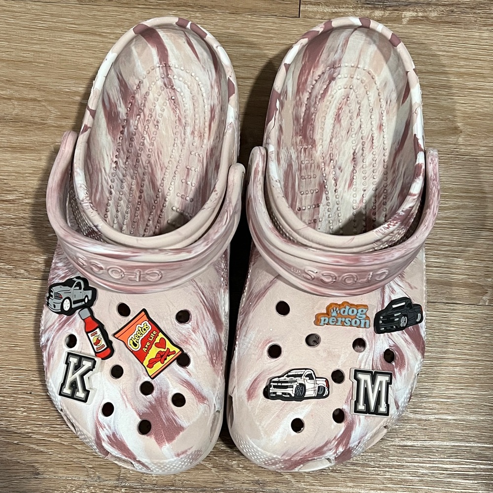 CROCS Marble Pink and White Clogs with Fun Charms